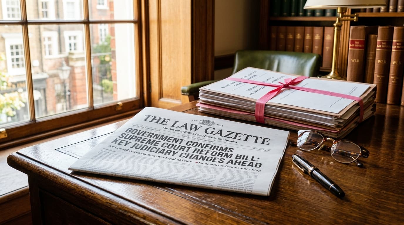 The Law Gazette resting on London solicitor desk with court briefs and fountain pen